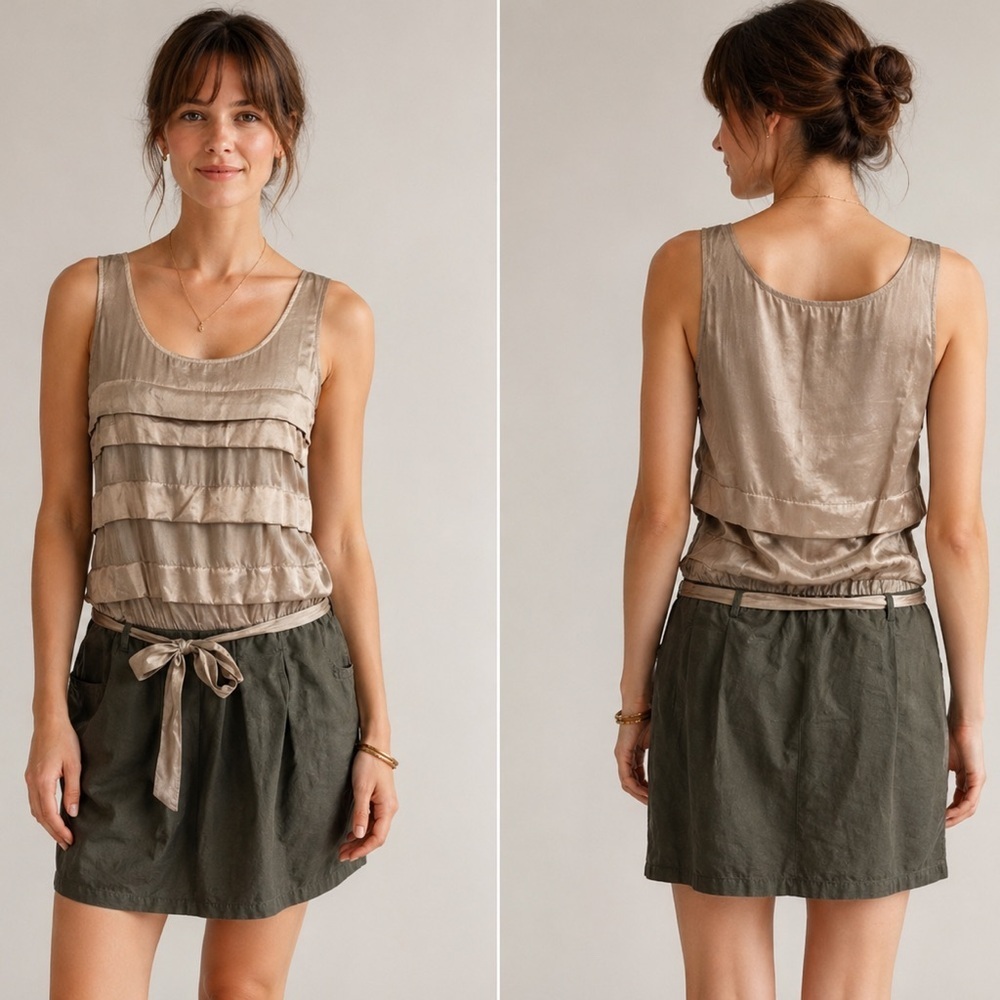Ya Los Angeles cream and green tiered ruffled sleeveless belted mini dress M
